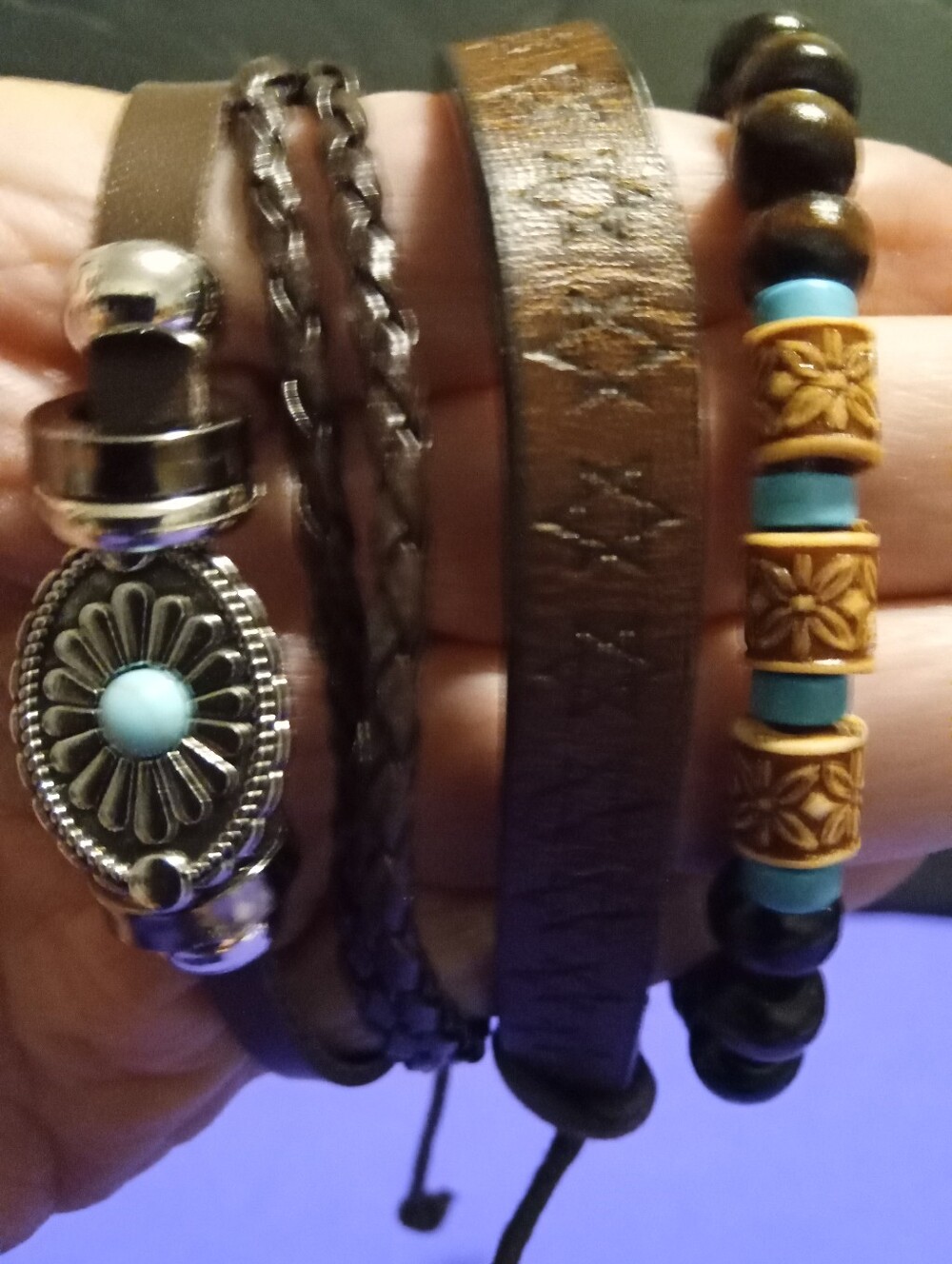 Brown Leather & Turquoise Bead Bracelet Set